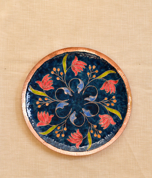 Handcrafted Copper Enamel Lotus Navy Blue Wall Plate- 3 sizes