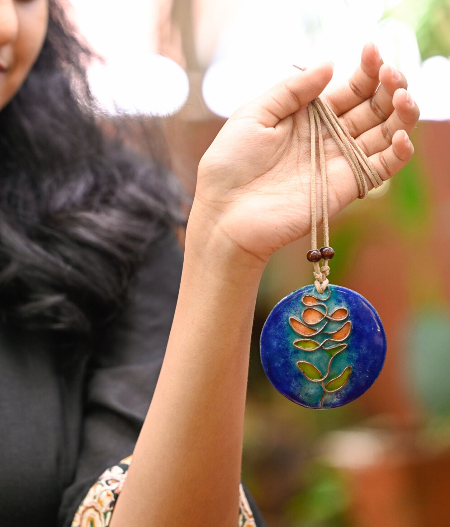 Handcrafted Copper Enamel- Tree Pendant Blue