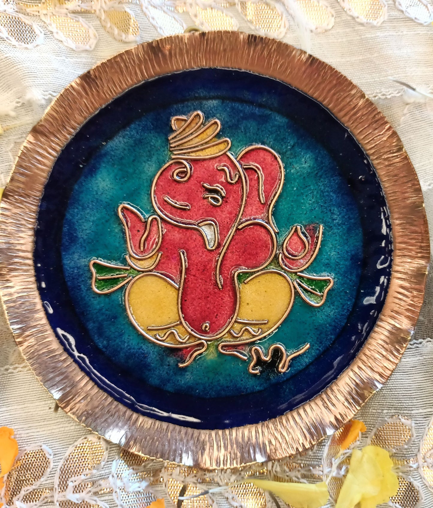 EkiBeki Handcrafted Copper Enamel Ganesh Wall Plate-(Size-5 inch)