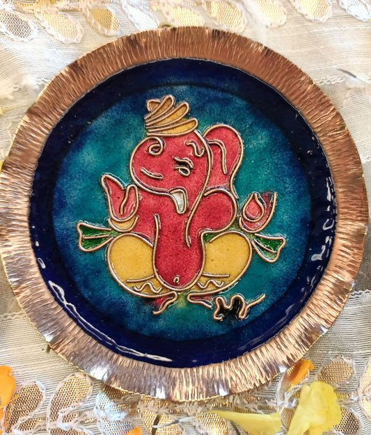 Handcrafted Copper Enamel Ganesh Wall Plate-(Size-5 inch)
