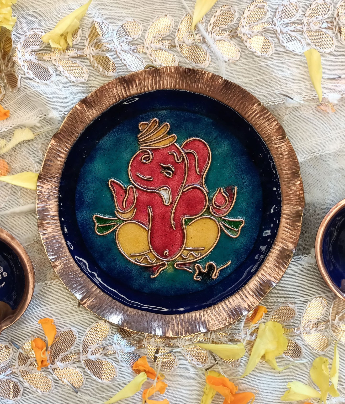 EkiBeki Handcrafted Copper Enamel Ganesh Wall Plate-(Size-5 inch)