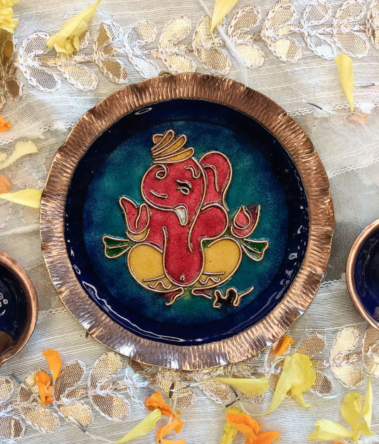 Handcrafted Copper Enamel Ganesh Wall Plate-(Size-5 inch)