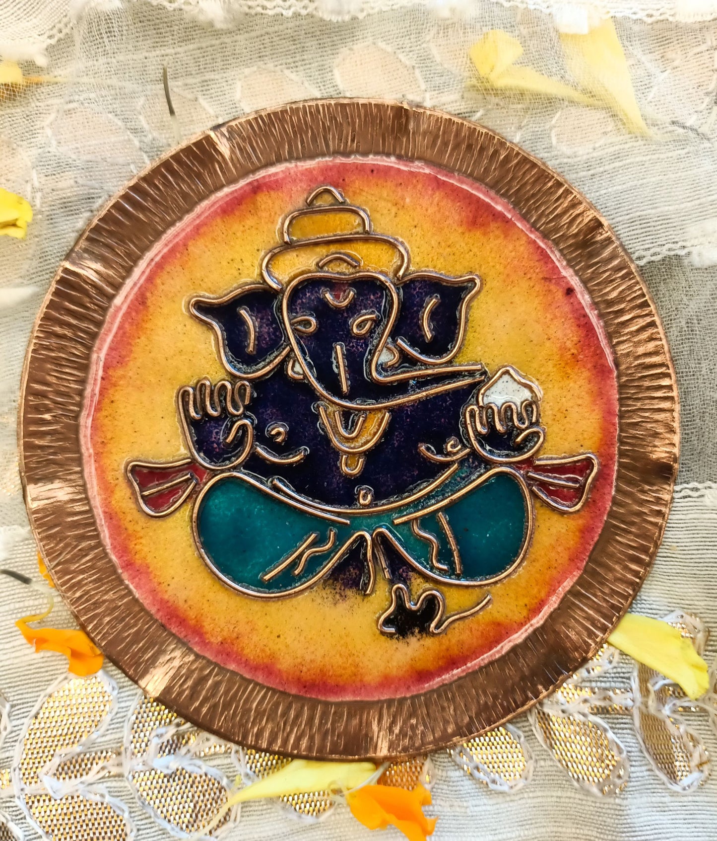 EkiBeki Handcrafted Copper Enamel Ganesh Orange Wall Plate-(Size-5 inch)