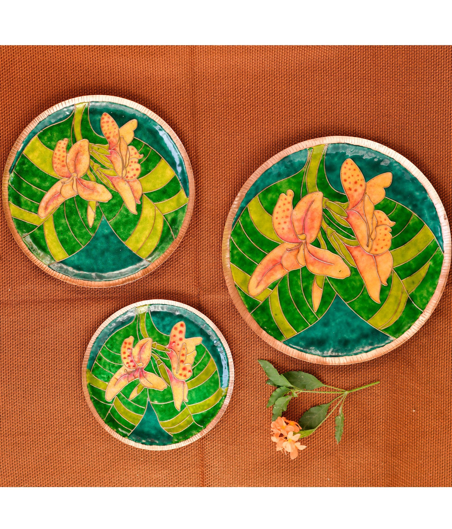 EkiBeki Handcrafted Copper Enamel Green Canna Wall Plate-3 sizes