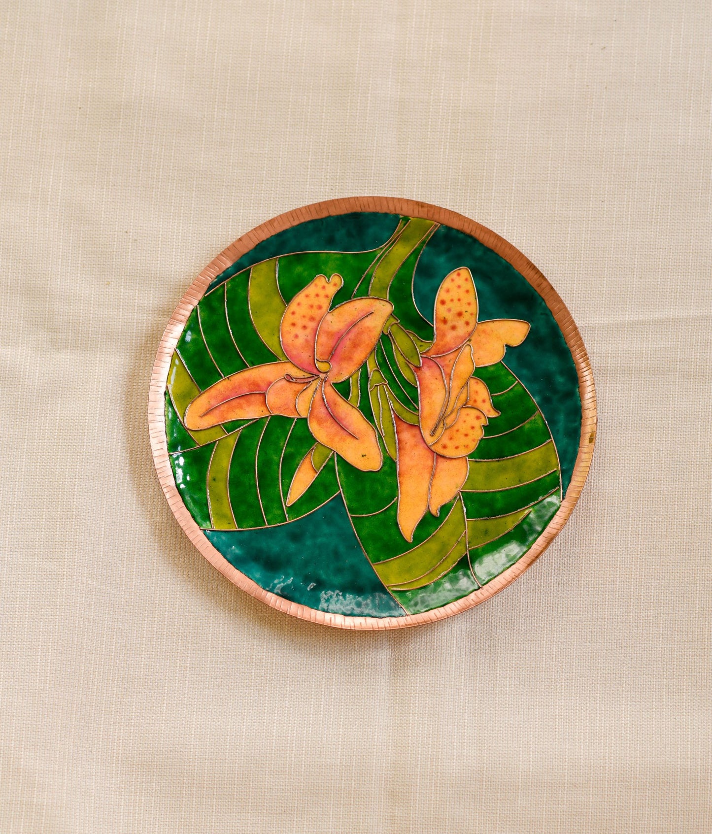 EkiBeki Handcrafted Copper Enamel Green Canna Wall Plate-3 sizes