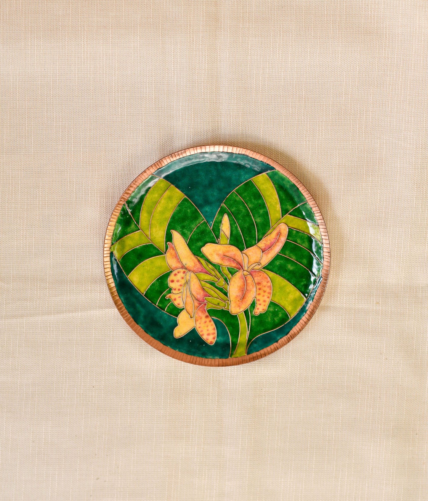 EkiBeki Handcrafted Copper Enamel Green Canna Wall Plate-3 sizes