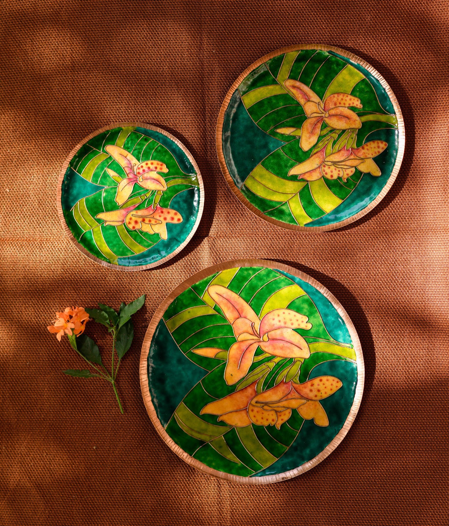 EkiBeki Handcrafted Copper Enamel Green Canna Wall Plate-3 sizes