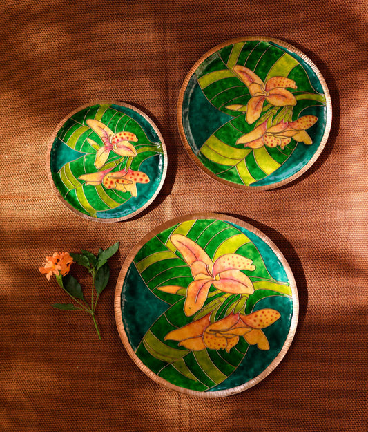 EkiBeki Handcrafted Copper Enamel Green Canna Wall Plate-3 sizes