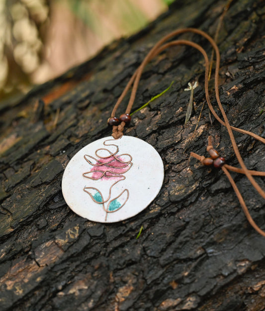 Handcrafted White Rose Copper Enamel Pendant