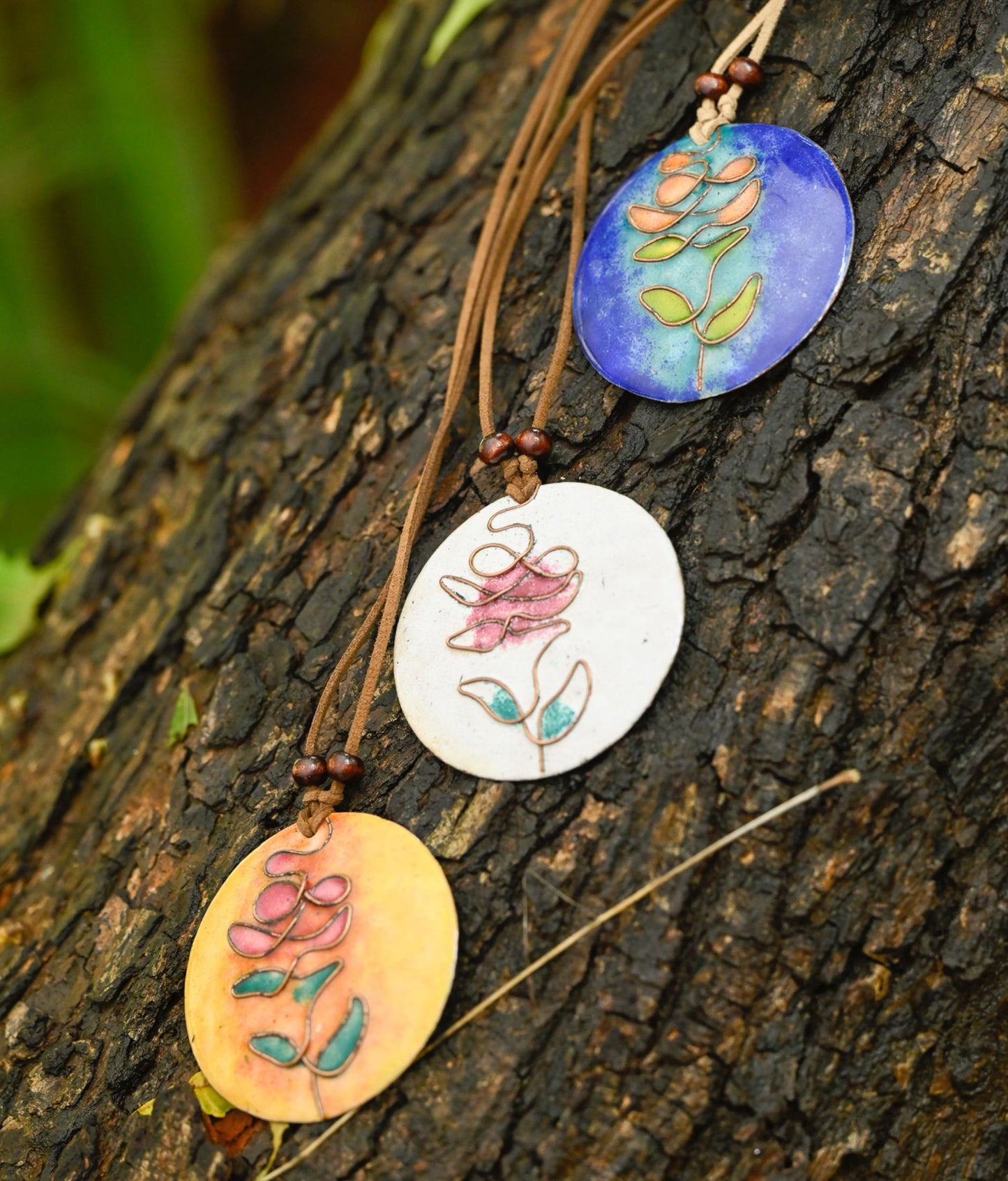 Handcrafted White Rose Copper Enamel Pendant