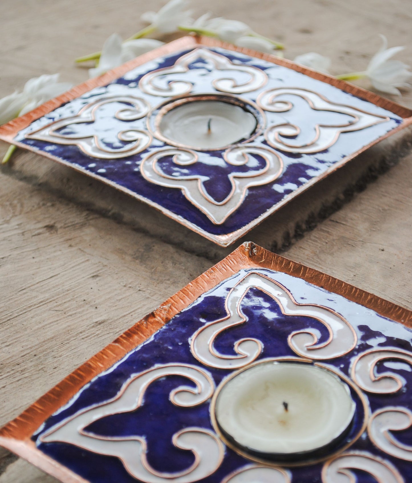 EkiBeki Handcrafted Tealight holder Rangoli Blue Square (Set of 2)