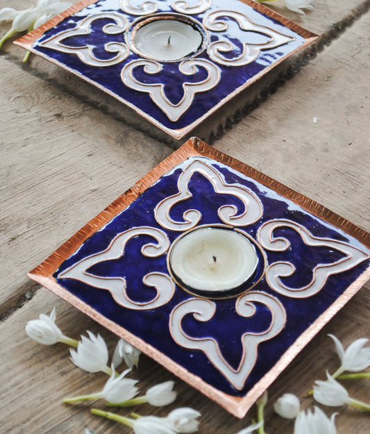 EkiBeki Handcrafted Tealight holder Rangoli Blue Square (Set of 2)