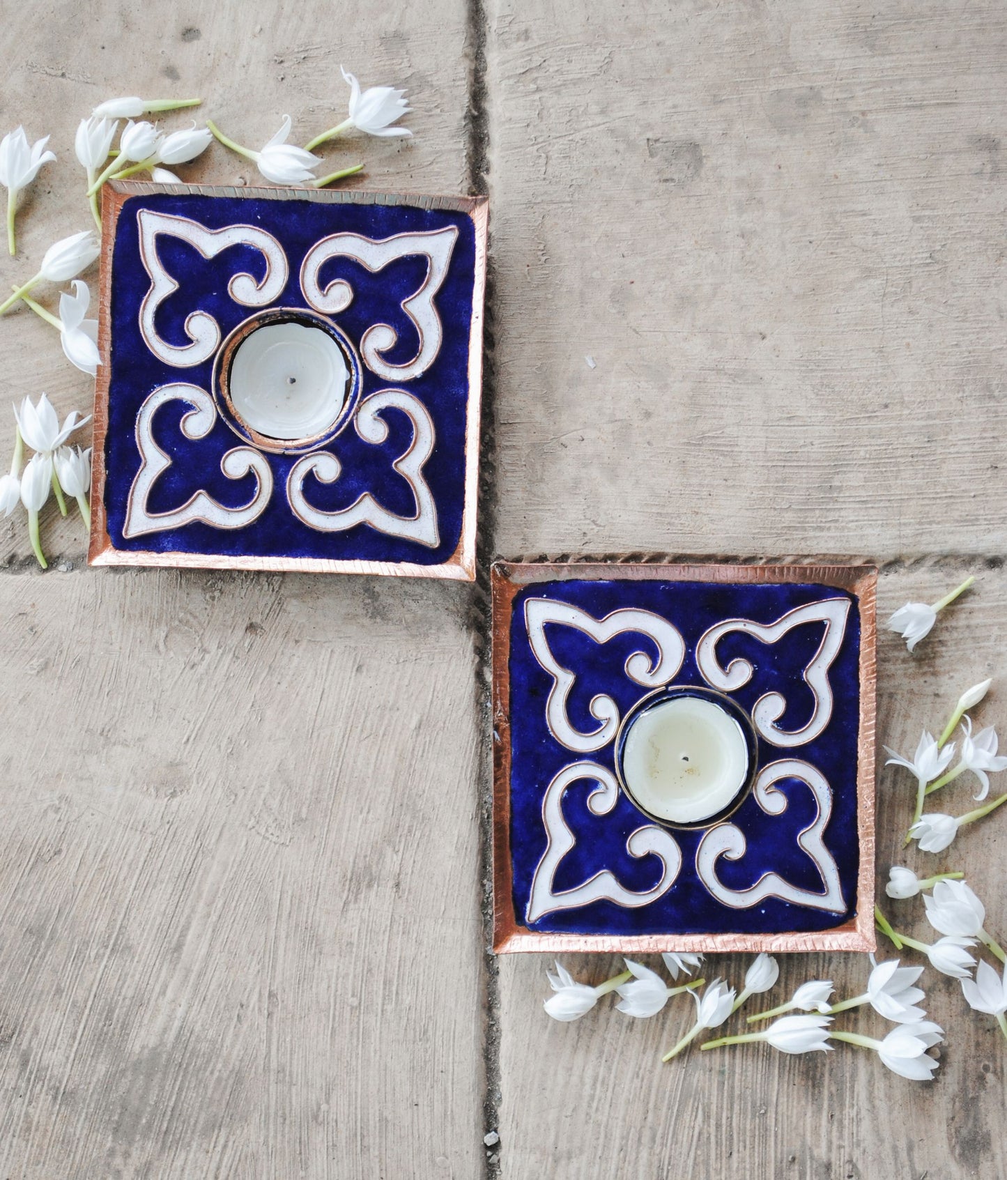 EkiBeki Handcrafted Tealight holder Rangoli Blue Square (Set of 2)