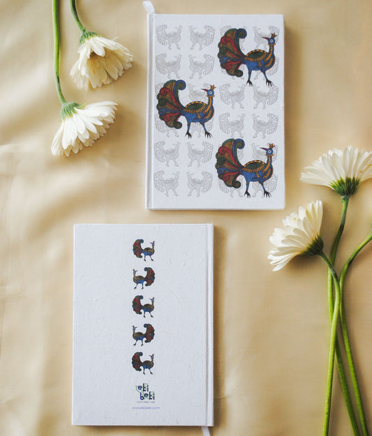 Artwork by native craftsmen of Chitrakathi, Gond, that are used as motifs to create stationery. This one is the peacock motif