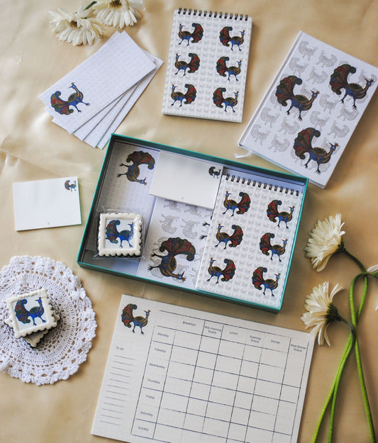 Artwork by native craftsmen of Chitrakathi, Gond, that are used as motifs to create stationery. This one is the peacock motif