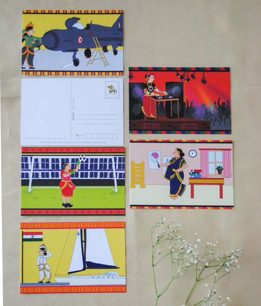 Artwork by native craftsmen of Chitrakathi, Gond, that are used as motifs to create postcards