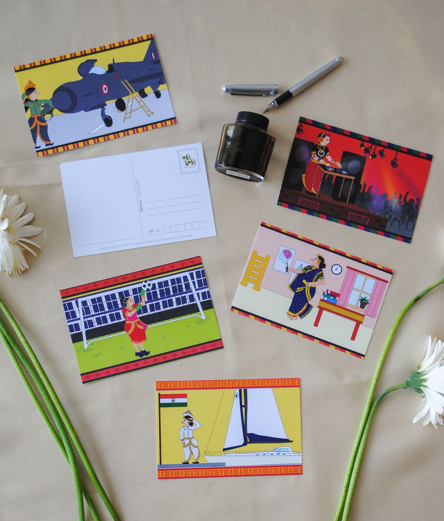 Artwork by native craftsmen of Chitrakathi, Gond, that are used as motifs to create postcards