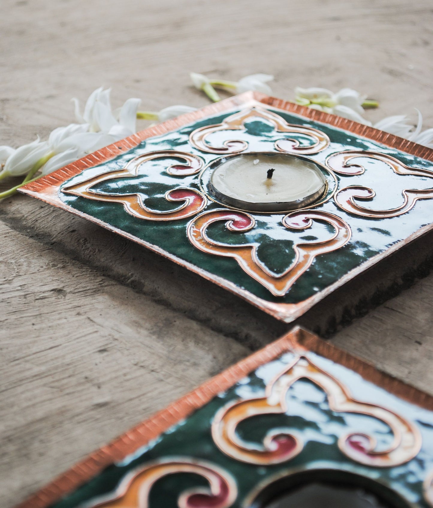 Copper enamel home decor, handcrafted in Maharashtra, India. Tea light holders