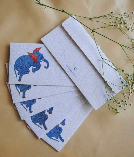 Artwork by native craftsmen of Chitrakathi, Gond, that are used as motifs to create stationery. This one is the gajoba elephant motif
