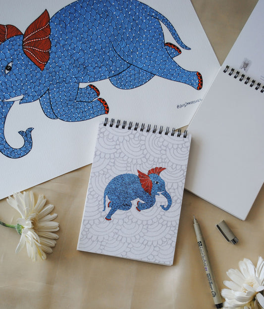 Artwork by native craftsmen of Chitrakathi, Gond, that are used as motifs to create stationery. This one is the gajoba elephant motif