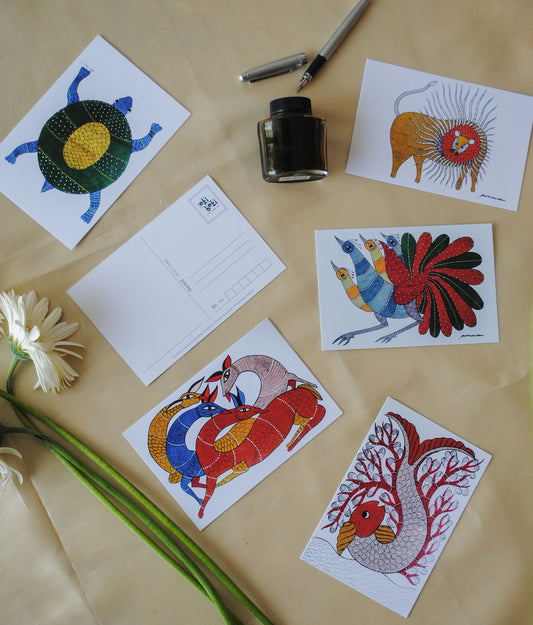 Artwork by native craftsmen of Chitrakathi, Gond, that are used as motifs to create stationery