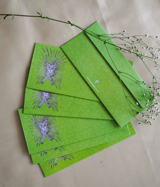 Artwork by native craftsmen of Chitrakathi, Gond, that are used as motifs to create stationery. This one is the waghoba lion motif