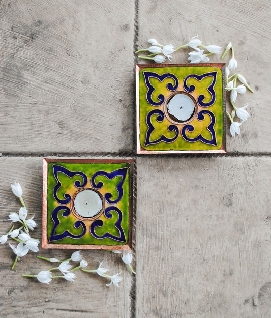 Copper enamel home decor, handcrafted in Maharashtra, India. Tea light holders