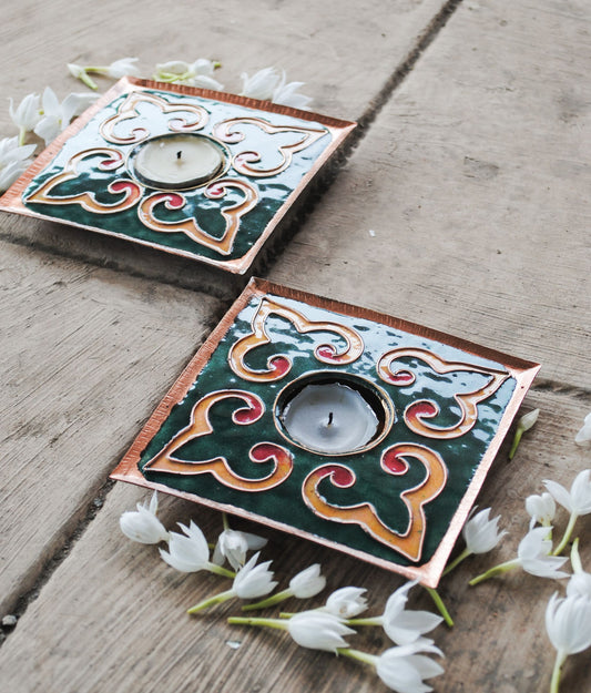 EkiBeki Handcrafted Tealight holder Rangoli Green Square (Set of 2)