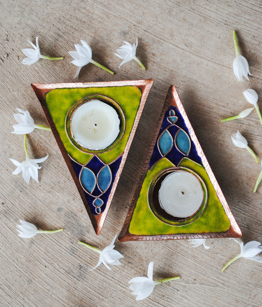 EkiBeki Handcrafted Tealight holder Rangoli Green (Set of 2)