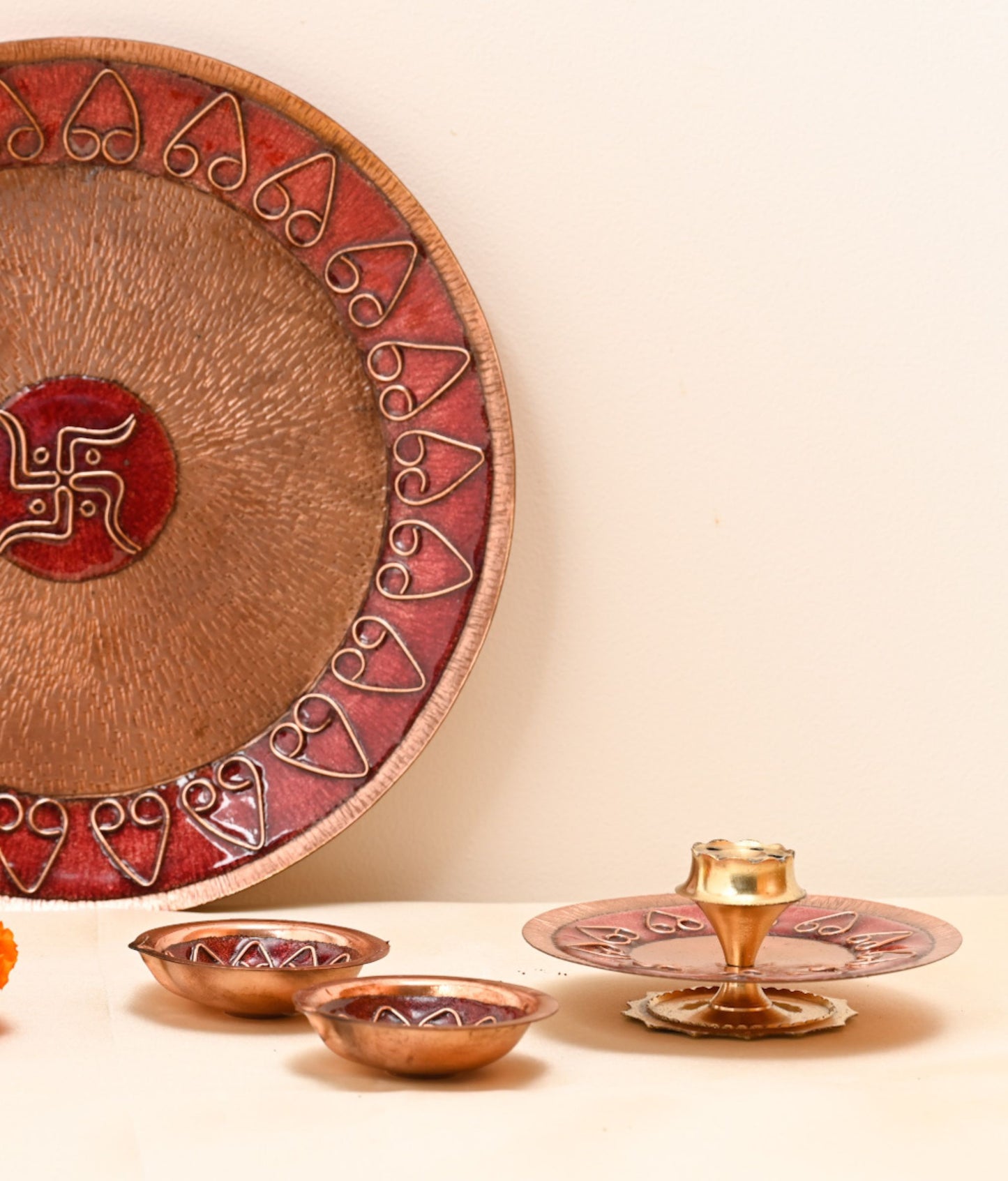 EkiBeki Handcrafted lamps Archana Pooja Thali, Diya & Agarbatti Stand Combo (Red)