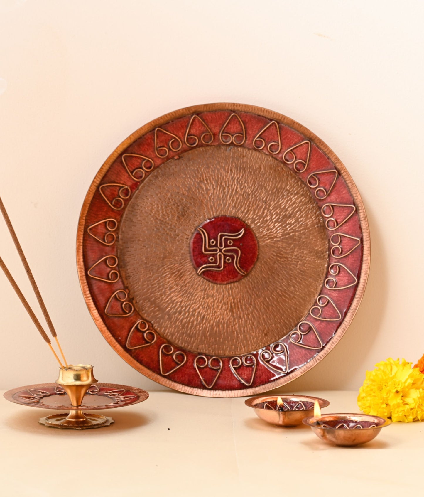 EkiBeki Handcrafted lamps Archana Pooja Thali, Diya & Agarbatti Stand Combo (Red)