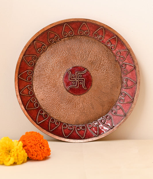Handcrafted Copper Enamel Pooja Archana Thali-(Size-8 inch)