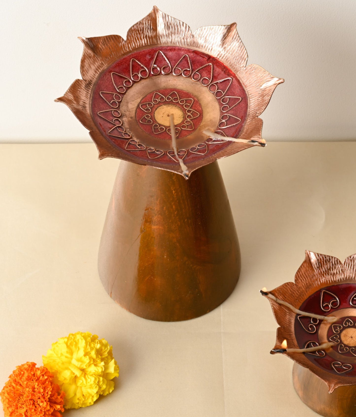 EkiBeki Handcrafted lamps Archana Samai Diya Stand - Large (Red)