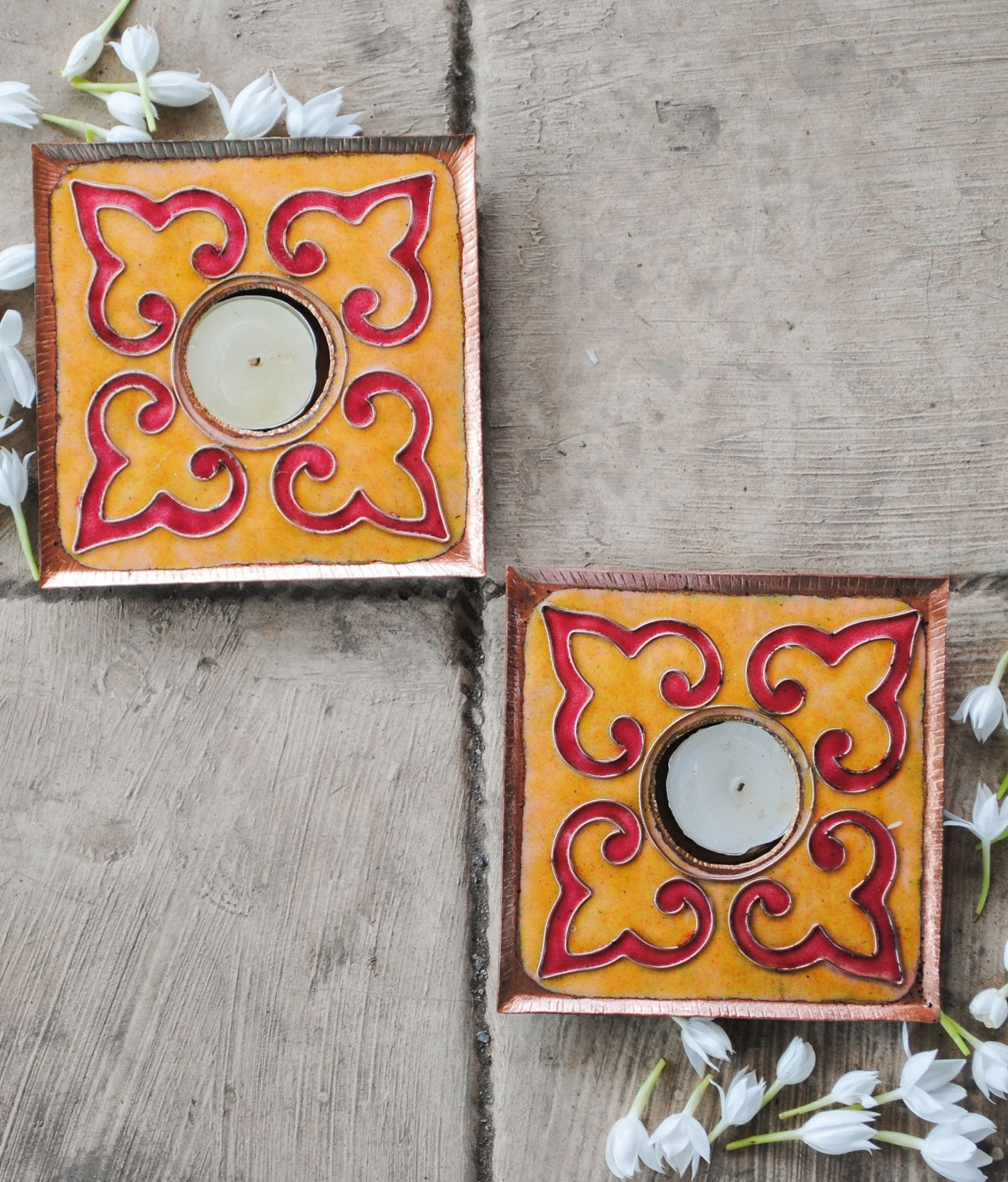 EkiBeki Handcrafted Tealight holder Rangoli Yellow Square (Set of 2)