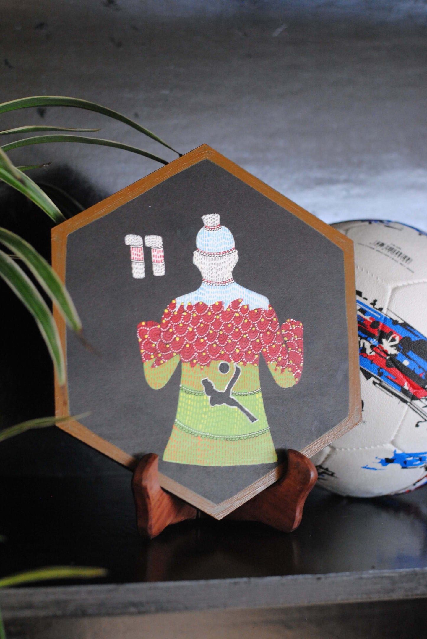 Copper enameled wallplates to celebrate FIFA legacies, Gareth Bale in Gond art. With The Plated Project