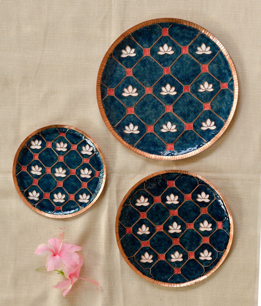 EkiBeki Handcrafted Copper Enamel Lotus in a jali Blue Wall Plate-3 sizes