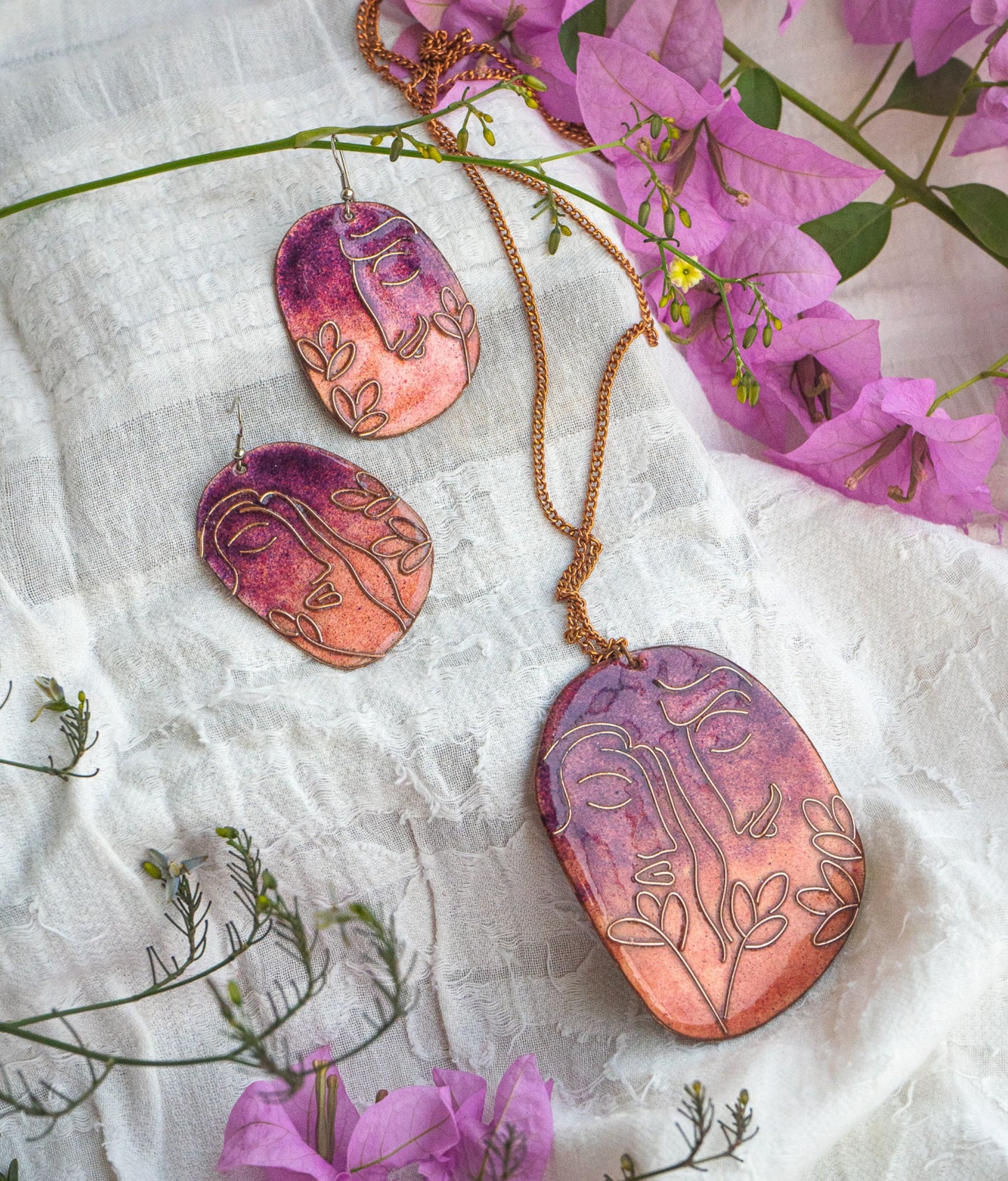 Handcrafted Copper Enamel Kalighat Love Pink Pendant Set