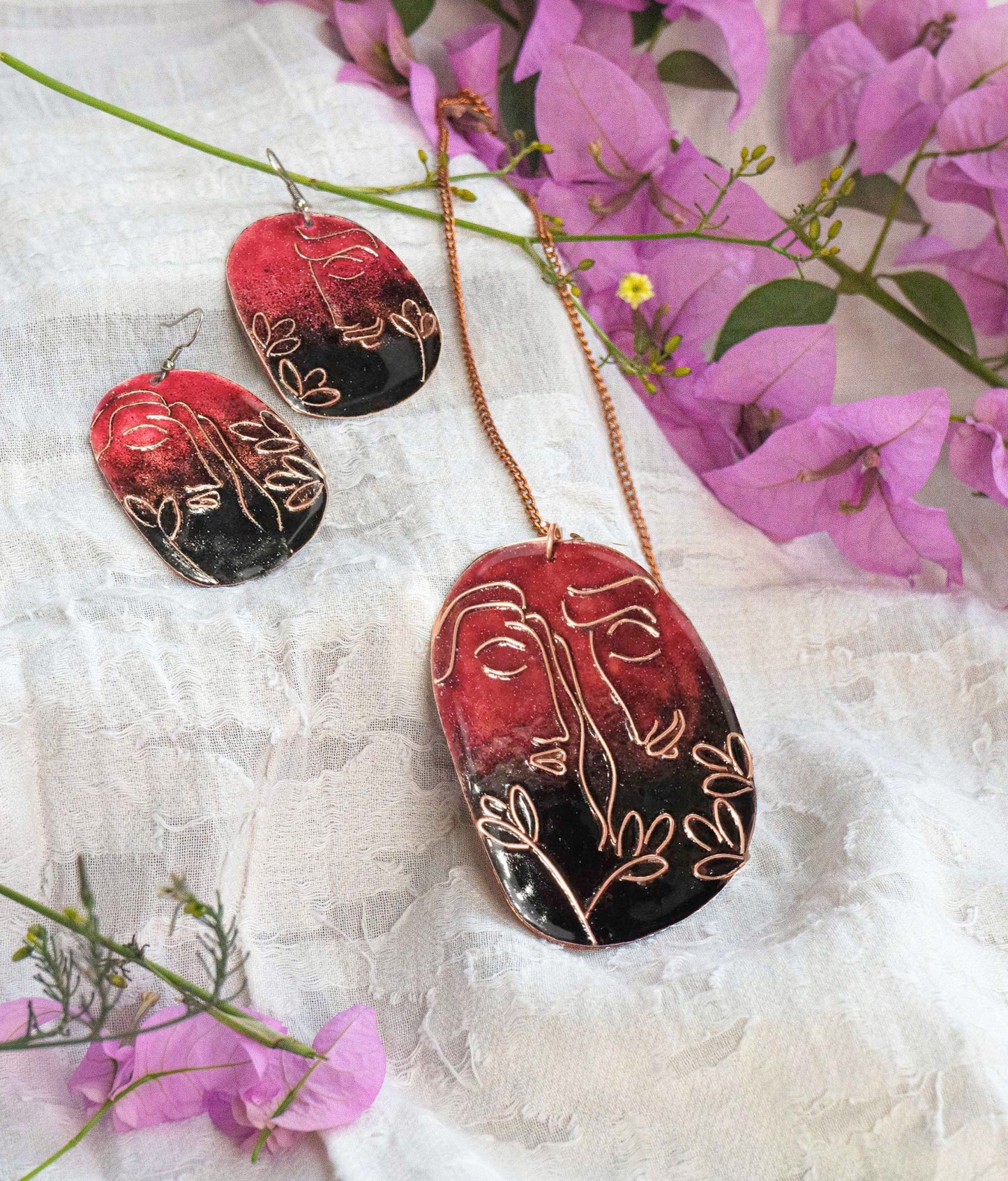 Handcrafted Copper Enamel Kalighat Love Red Pendant Set