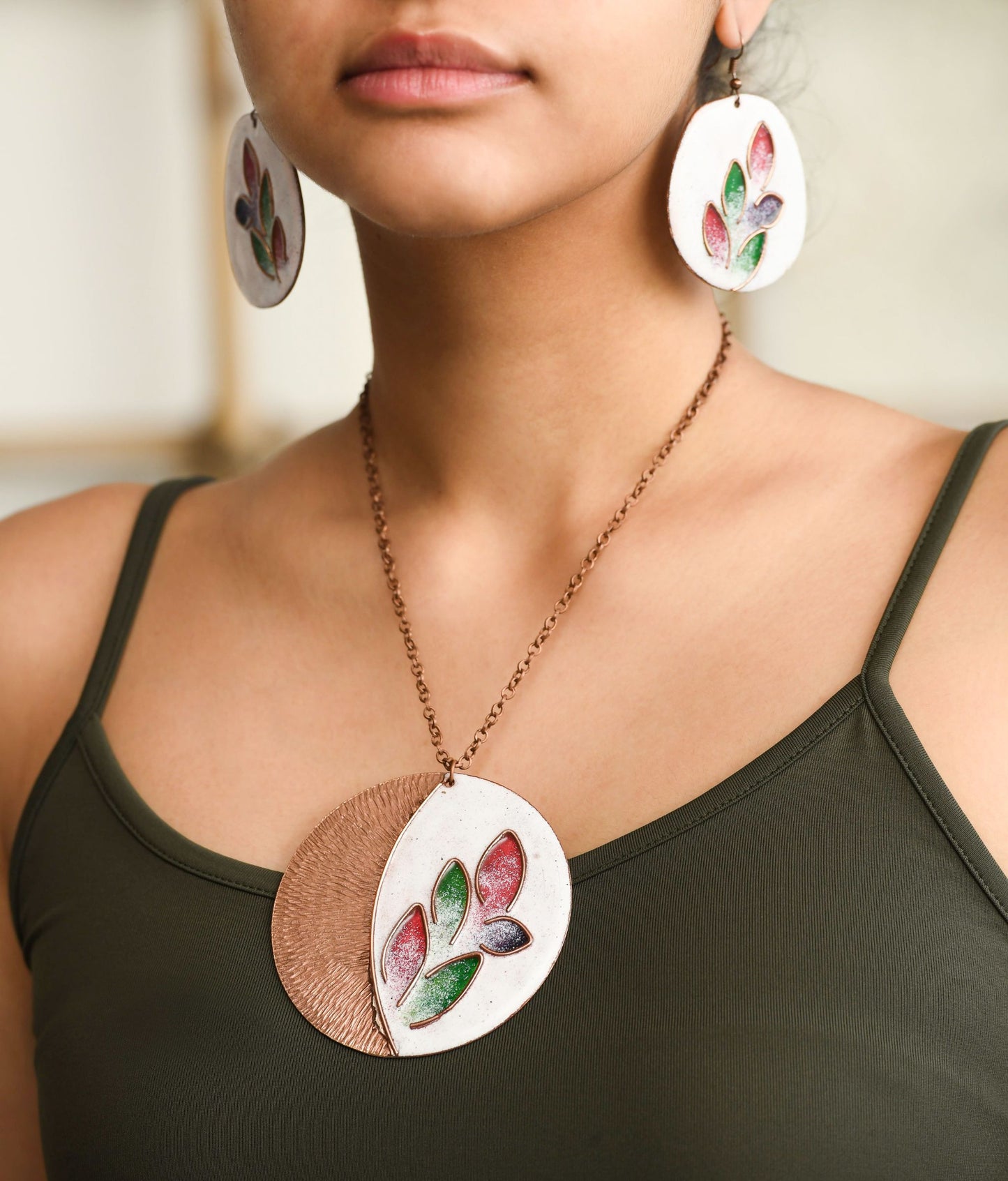 Handcrafted Leaflet White Copper Enamel Earrings