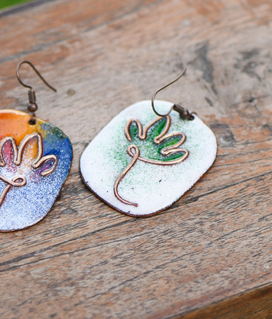 Handcrafted Lotus Bloom Green/White Copper Enamel Earrings