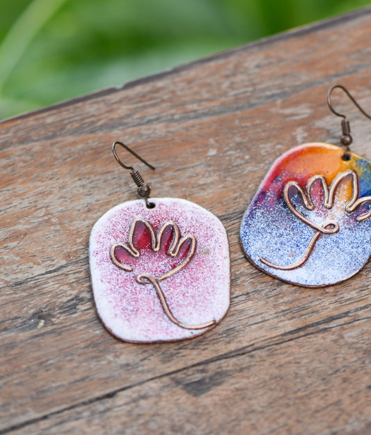 Handcrafted Lotus Bloom White/Red Copper Enamel Earring