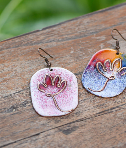 Handcrafted Lotus Bloom White/Red Copper Enamel Earrings