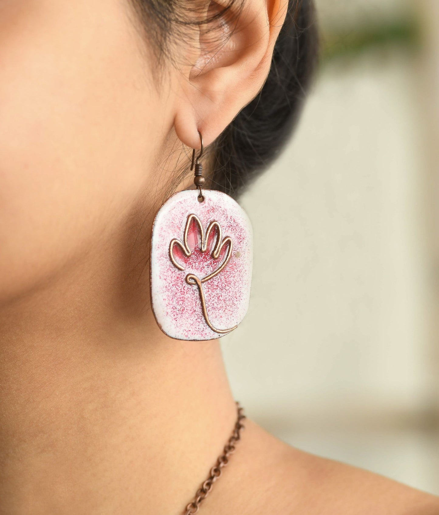 Handcrafted Lotus Bloom White/Red Copper Enamel Earrings
