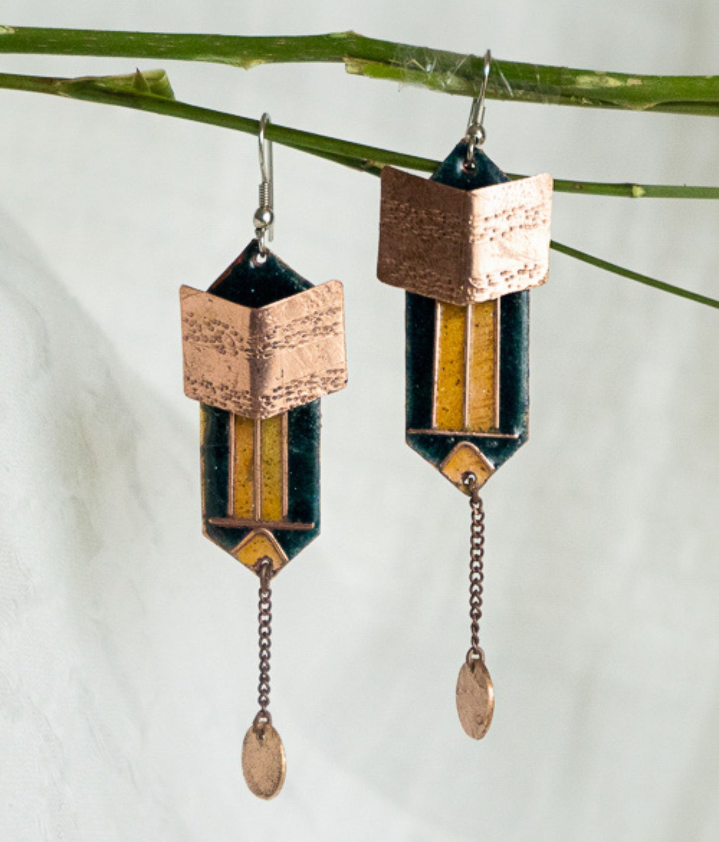 Handcrafted Green/Copper Enamelled Dangler Earrings