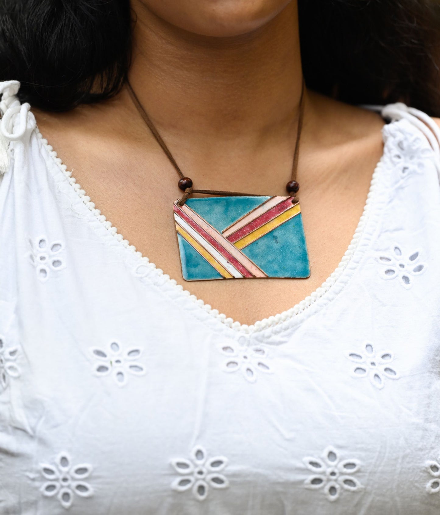 Handcrafted Copper Enamel Blue Rectangle Pendant
