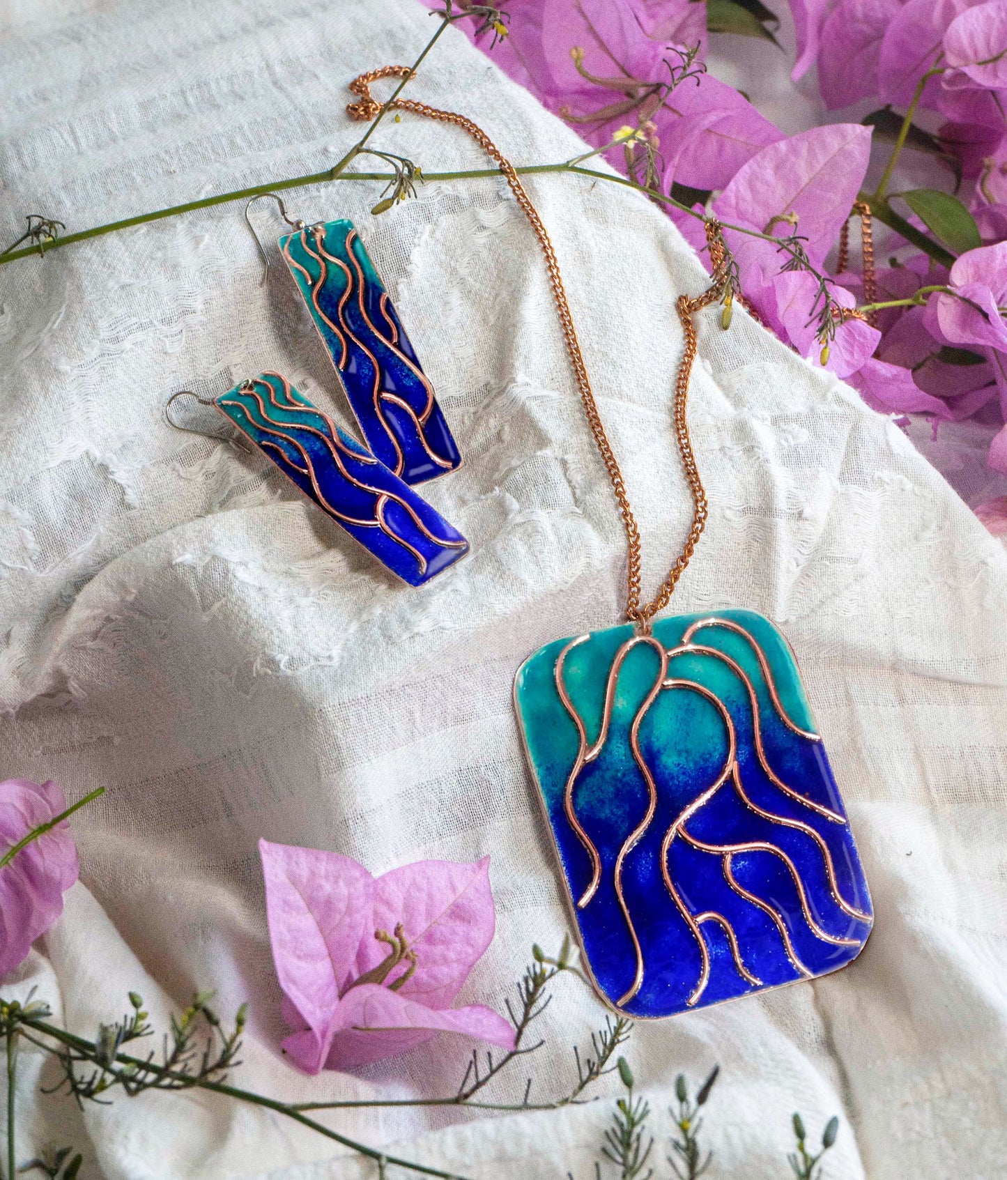 Handcrafted Copper Enamel Kalighat Wave Blue Pendant Set