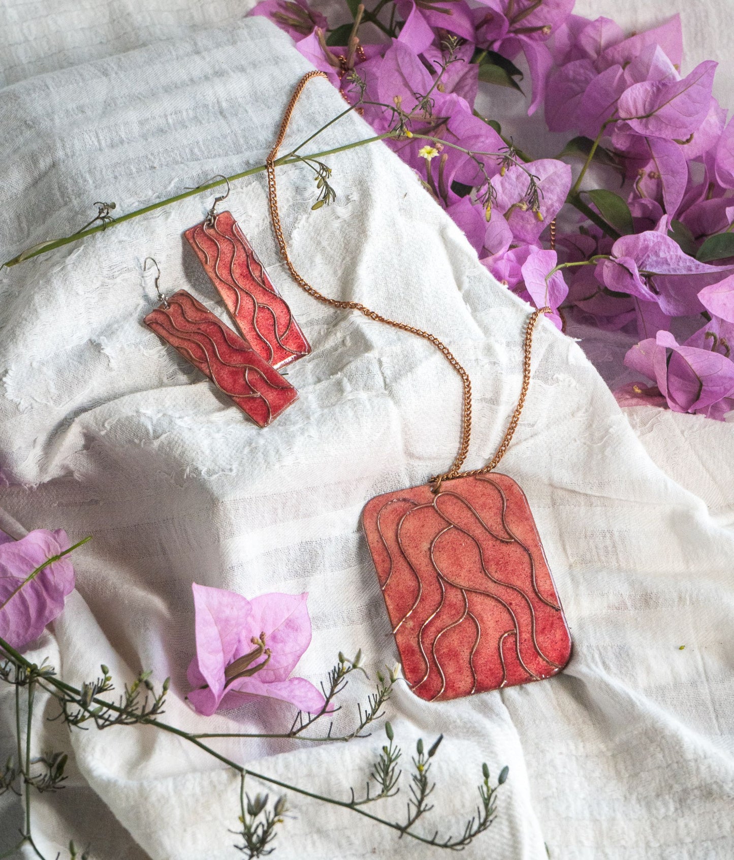 Handcrafted Copper Enamel Kalighat Wave Pink Pendant Set