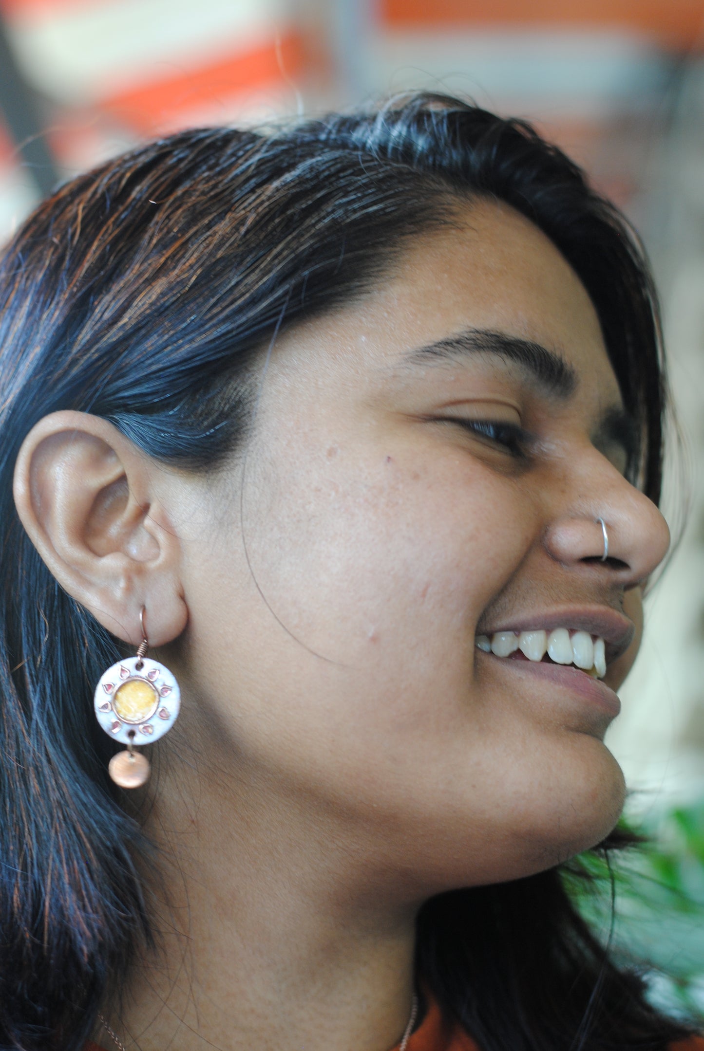 Copper enamel trinkets, funky earrings handcrafted in Maharashtra, India. Sun sooraj theme