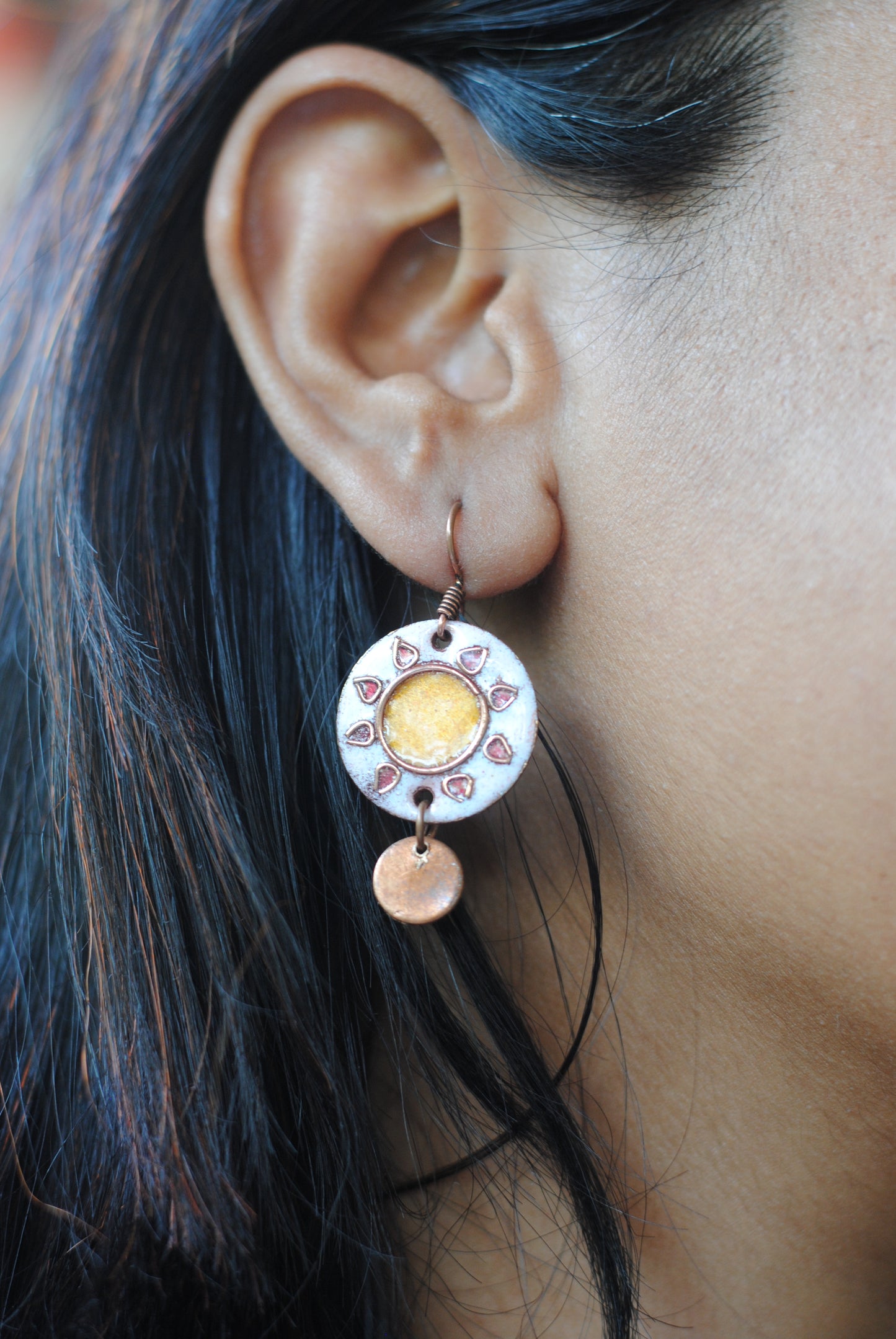 Copper enamel trinkets, funky earrings handcrafted in Maharashtra, India. Sun sooraj theme
