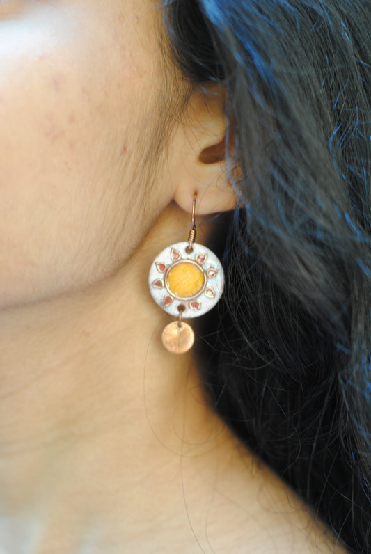 Copper enamel trinkets, funky earrings handcrafted in Maharashtra, India. Sun sooraj theme